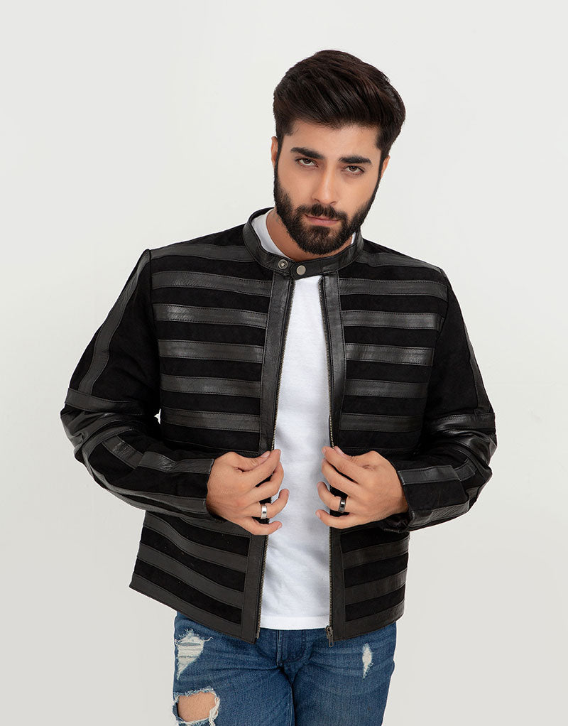 Matt Sheer Striped Black Leather Jacket - Front