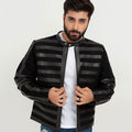 Matt Sheer Striped Black Leather Jacket - Front