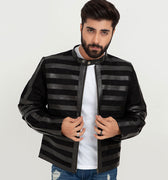 Matt Sheer Striped Black Leather Jacket - Front