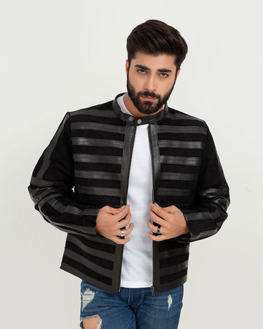 Matt Sheer Striped Black Leather Jacket - Front