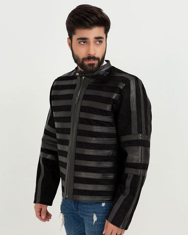 Matt Sheer Striped Black Leather Jacket - Left