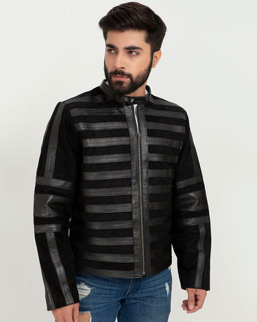 Matt Sheer Striped Black Leather Jacket - Zipped