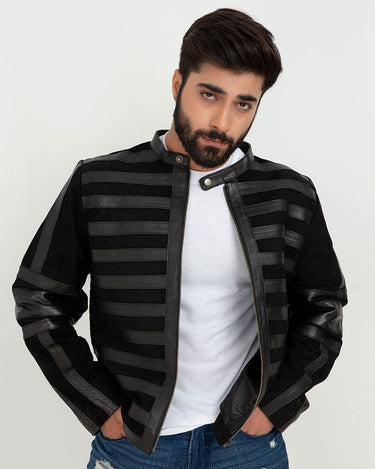 Matt Sheer Striped Black Leather Jacket - Zoom