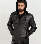 Midnight Double Rider Black Leather Jacket - Hood