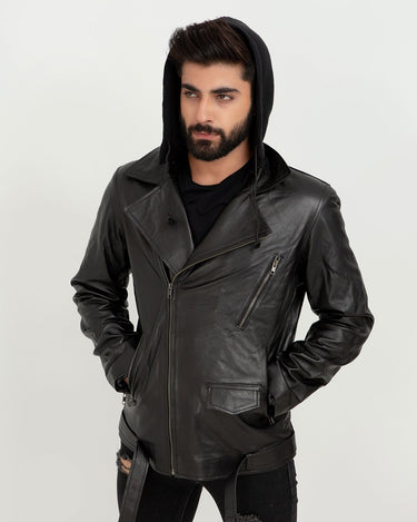 Midnight Double Rider Black Leather Jacket - Hood