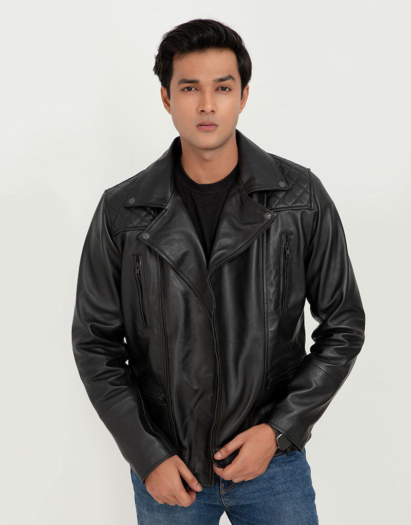 Mykel Quilted Black Leather Jacket - Front