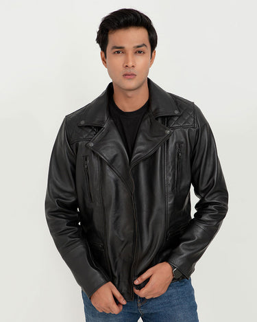 Mykel Quilted Black Leather Jacket - Front