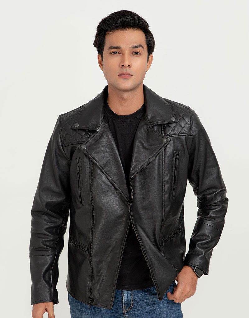 Mykel Quilted Black Leather Jacket - Zoom