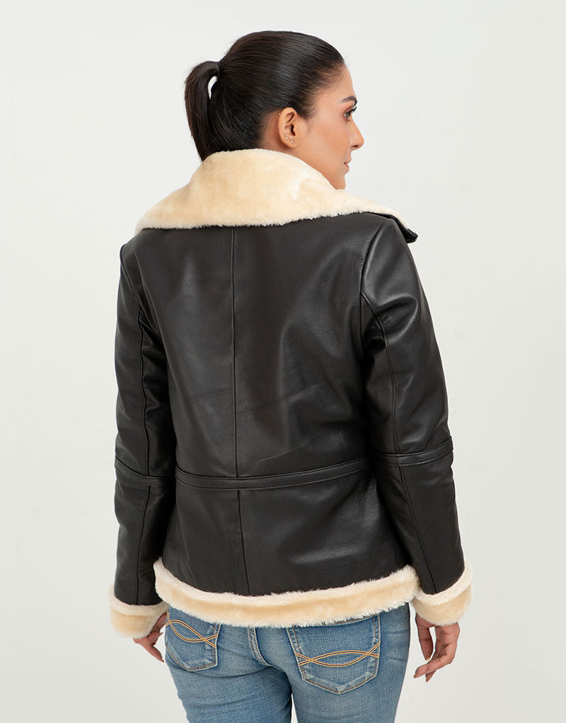 Nia High-Collar Black Leather Jacket - Back