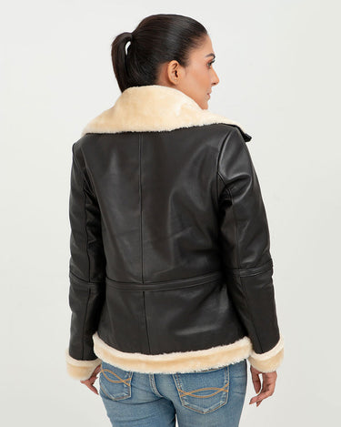 Nia High-Collar Black Leather Jacket - Back