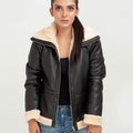 Nia High-Collar Black Leather Jacket - Front