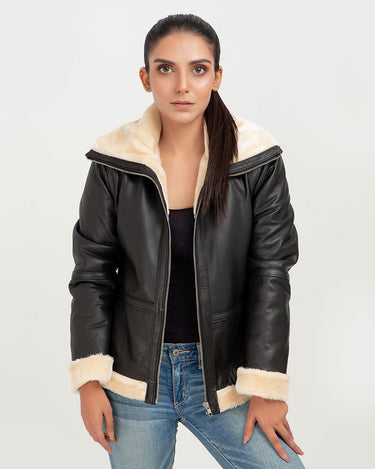 Nia High-Collar Black Leather Jacket - Front