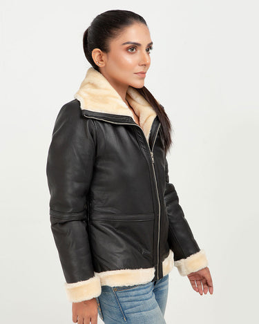 Nia High-Collar Black Leather Jacket - Right