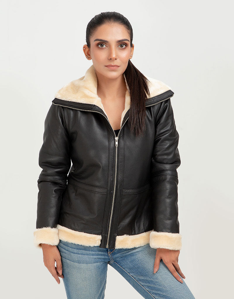 Nia High-Collar Black Leather Jacket - Zipped