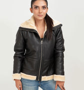 Nia High-Collar Black Leather Jacket - Zipped