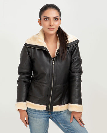 Nia High-Collar Black Leather Jacket - Zipped