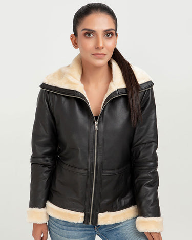 Nia High-Collar Black Leather Jacket - Zoom