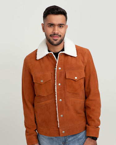 Novak Shearling Tan Suede Leather Jacket - Front Zipped