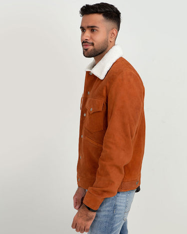 Novak Shearling Tan Suede Leather Jacket - Left