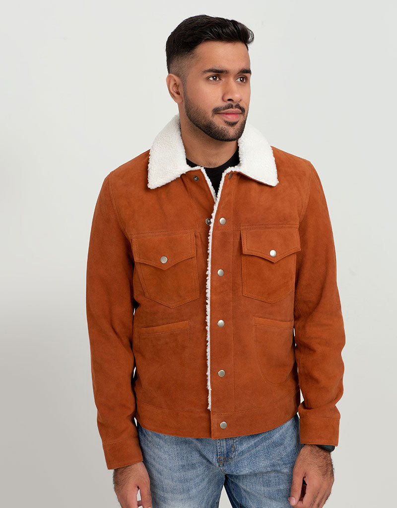 Novak Shearling Tan Suede Leather Jacket - Zoom