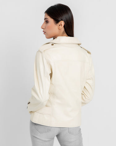 Opal Riveted Beige Leather Biker Jacket - Back