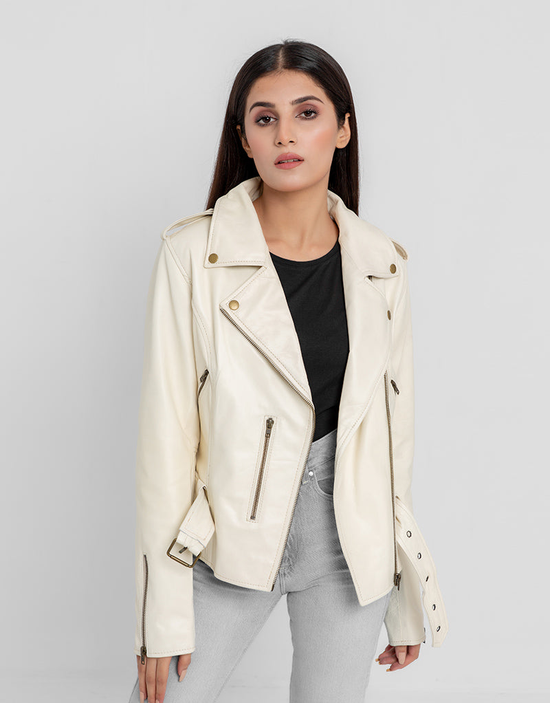 Opal Riveted Beige Leather Biker Jacket - Front