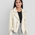 Opal Riveted Beige Leather Biker Jacket - Front