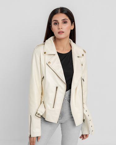 Opal Riveted Beige Leather Biker Jacket - Front