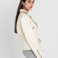 Opal Riveted Beige Leather Biker Jacket - Left