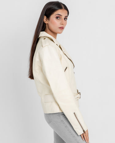 Opal Riveted Beige Leather Biker Jacket - Left