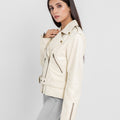 Opal Riveted Beige Leather Biker Jacket - Right