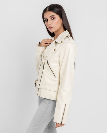 Opal Riveted Beige Leather Biker Jacket - Right