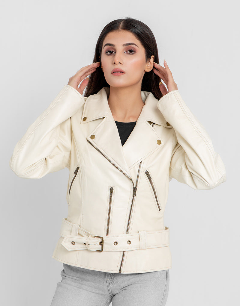 Opal Riveted Beige Leather Biker Jacket - Zipped