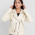 Opal Riveted Beige Leather Biker Jacket - Zipped