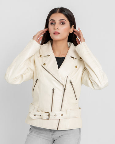 Opal Riveted Beige Leather Biker Jacket - Zipped