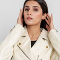 Opal Riveted Beige Leather Biker Jacket - Zoom