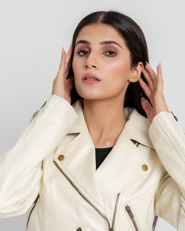 Opal Riveted Beige Leather Biker Jacket - Zoom