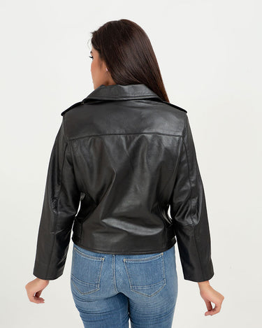 Opal Riveted Black Leather Biker Jacket - Back