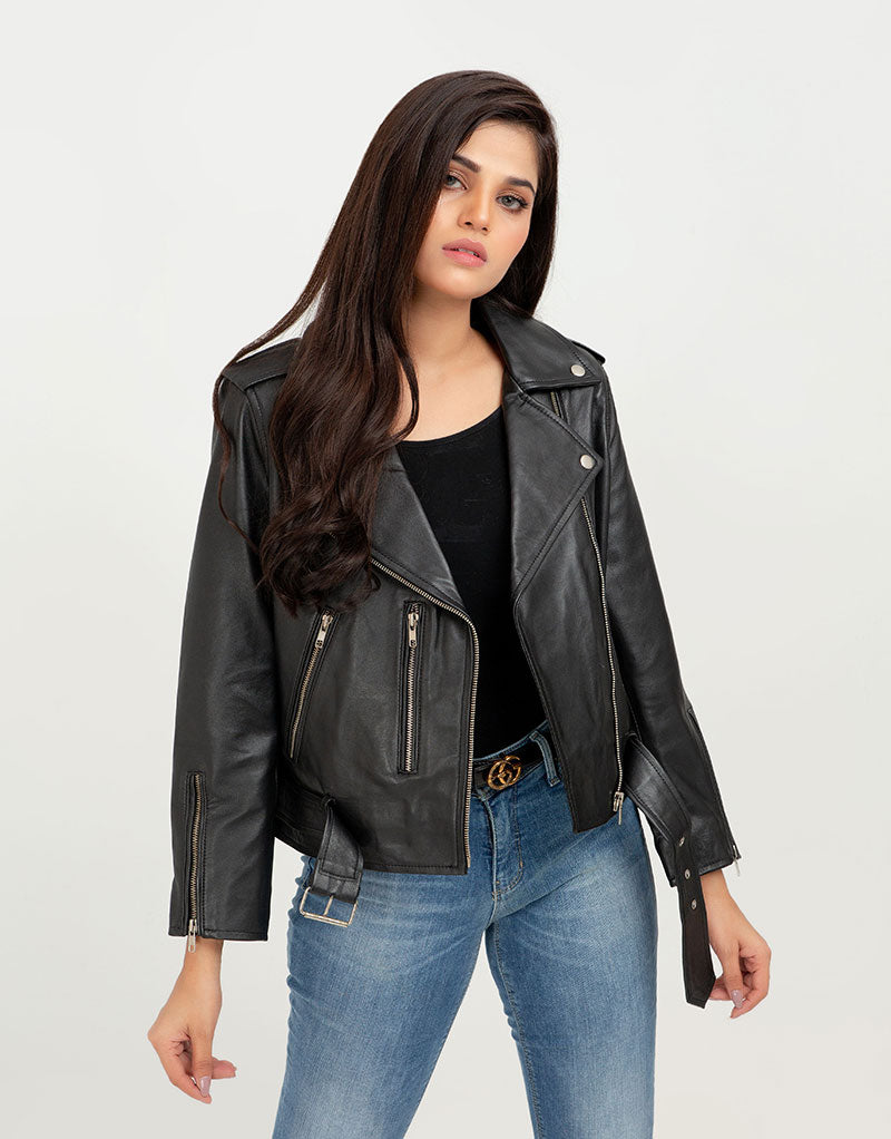 Opal Riveted Black Leather Biker Jacket - Front