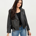 Opal Riveted Black Leather Biker Jacket - Front