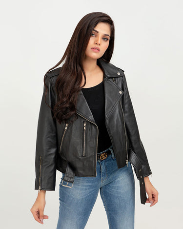 Opal Riveted Black Leather Biker Jacket - Front