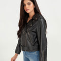 Opal Riveted Black Leather Biker Jacket - Left