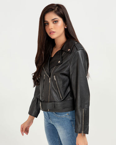 Opal Riveted Black Leather Biker Jacket - Left