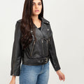 Opal Riveted Black Leather Biker Jacket - Right