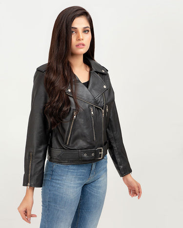 Opal Riveted Black Leather Biker Jacket - Right