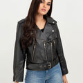 Opal Riveted Black Leather Biker Jacket - Zipped