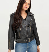 Opal Riveted Black Leather Biker Jacket - Zipped