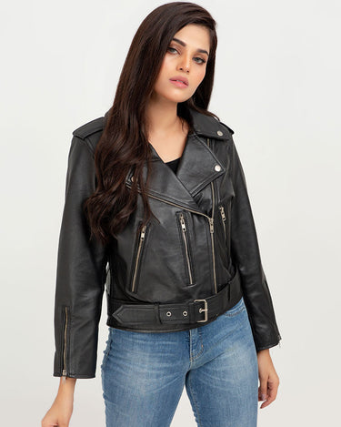 Opal Riveted Black Leather Biker Jacket - Zipped