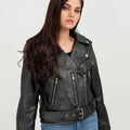 Opal Riveted Black Leather Biker Jacket - Zoom