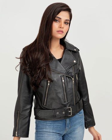 Opal Riveted Black Leather Biker Jacket - Zoom